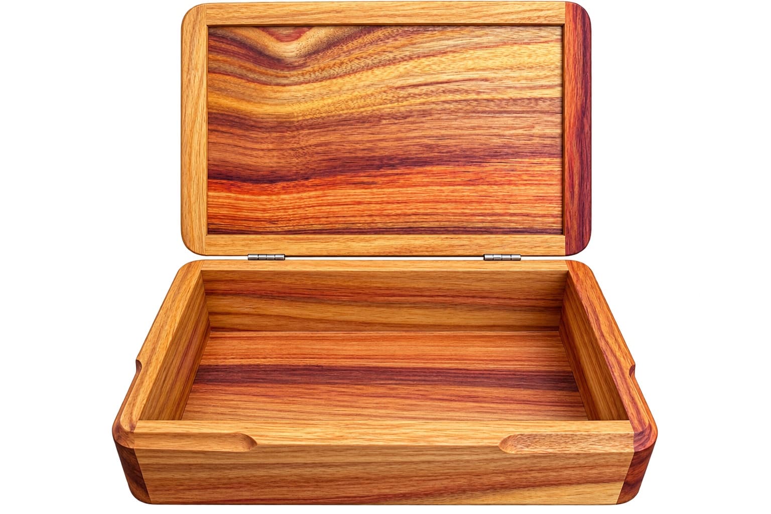 A hand-finished keepsake box, lid ajar, on a workbench.